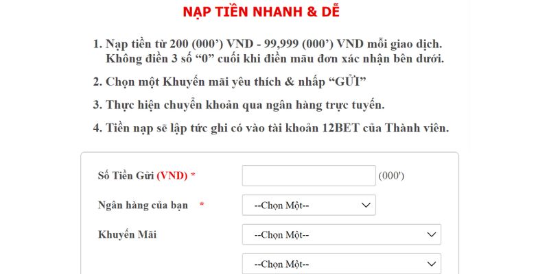 Những phương thức nạp tiền 12BET phổ biến 